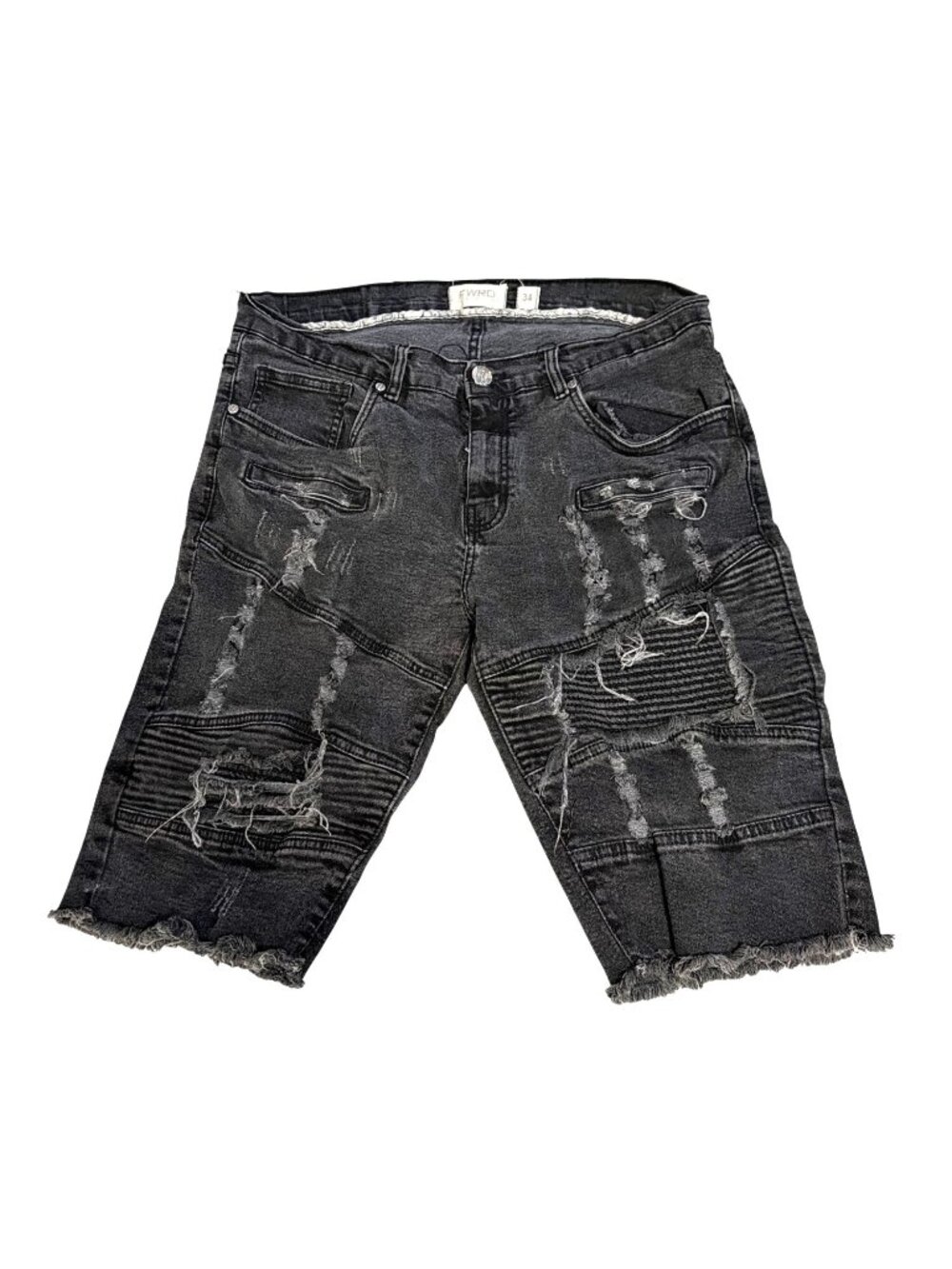 FWRD Denim Mens Black Distressed Patched Denim Shorts With Frayed Hem Size 34